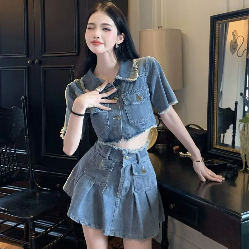 

Vintage Burrs Short Shirt Denim Suit Women's New Summer Fashion Loose Sweet High Waist Jeans Skirt +Short Skirt Two-Piece Set