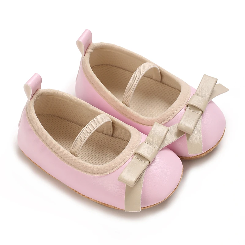 Cute Baby Girl Mary Jane Flat Shoes Paired With Bow And Bow PU Anti Slip Toddler\'s First Walkers Princess Dress Shoe