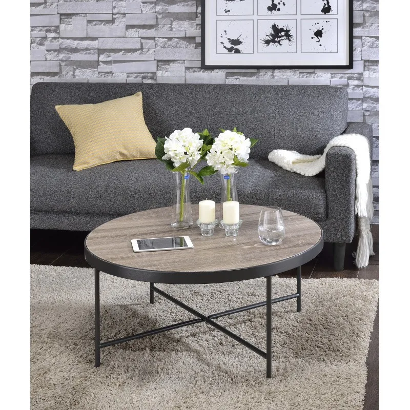 

Weathered Gray Oak Coffee Table With Beige Metal Finish Stylish Addition To Home Lounge Areas Modern Spaces