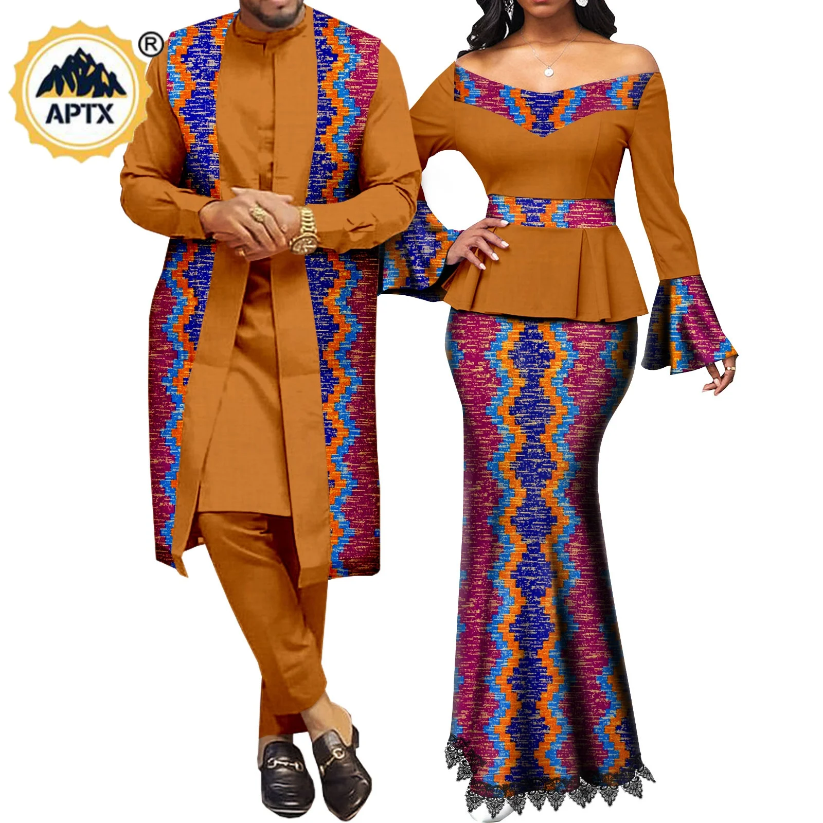 Vestiti africani per le coppie abiti coordinati Metallic Women Print Top in pizzo e gonna a sirena set Dashiki Men Outwear Y22C041