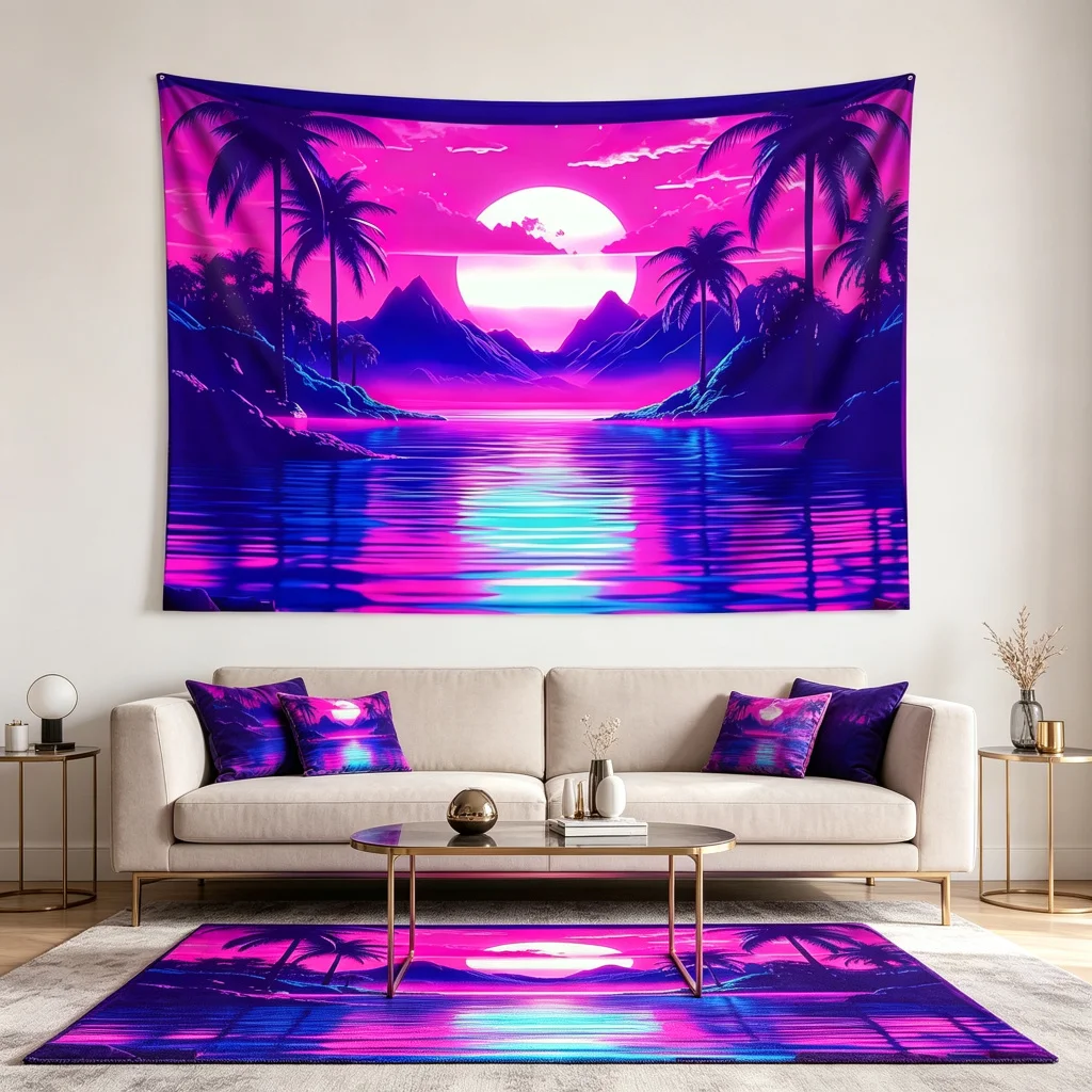 1PC Neon Beach Sunset Art Print Backdrop Banner, Bedroom Living Room Photo Background, Polyester, Home Decor, Wall Art