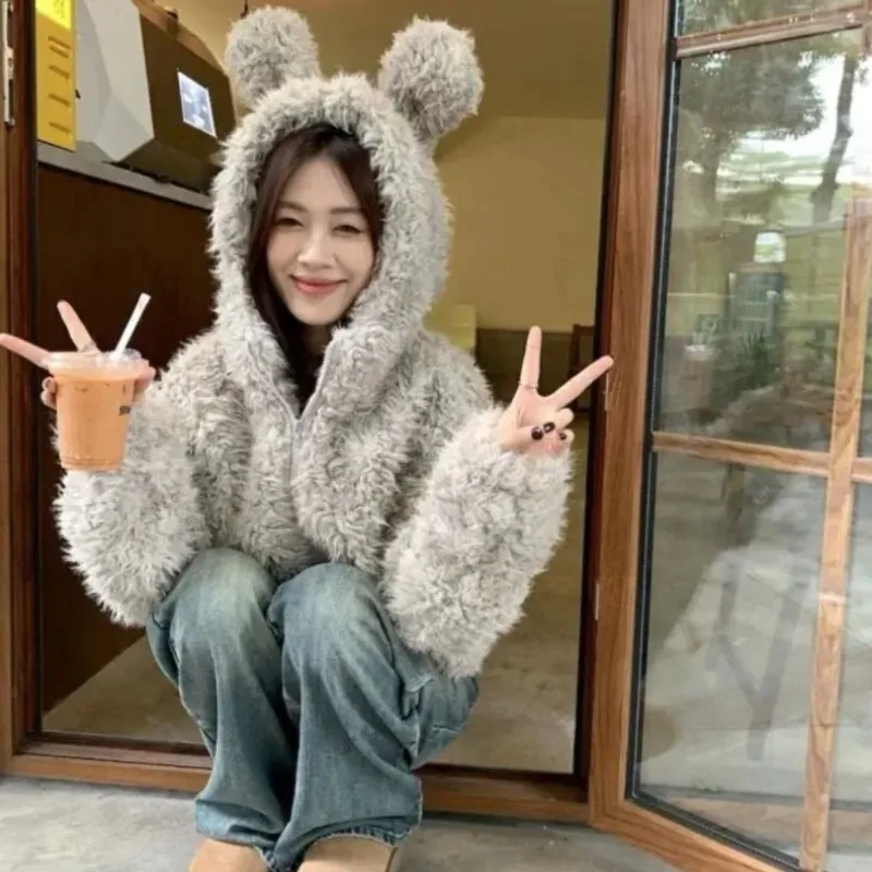 귀여운 토끼 귀 모피 짧은 후드 자켓 여성 겨울 다목적 지퍼 느슨한 두꺼운 게으른 스타일 캐주얼 코트 여성 의류