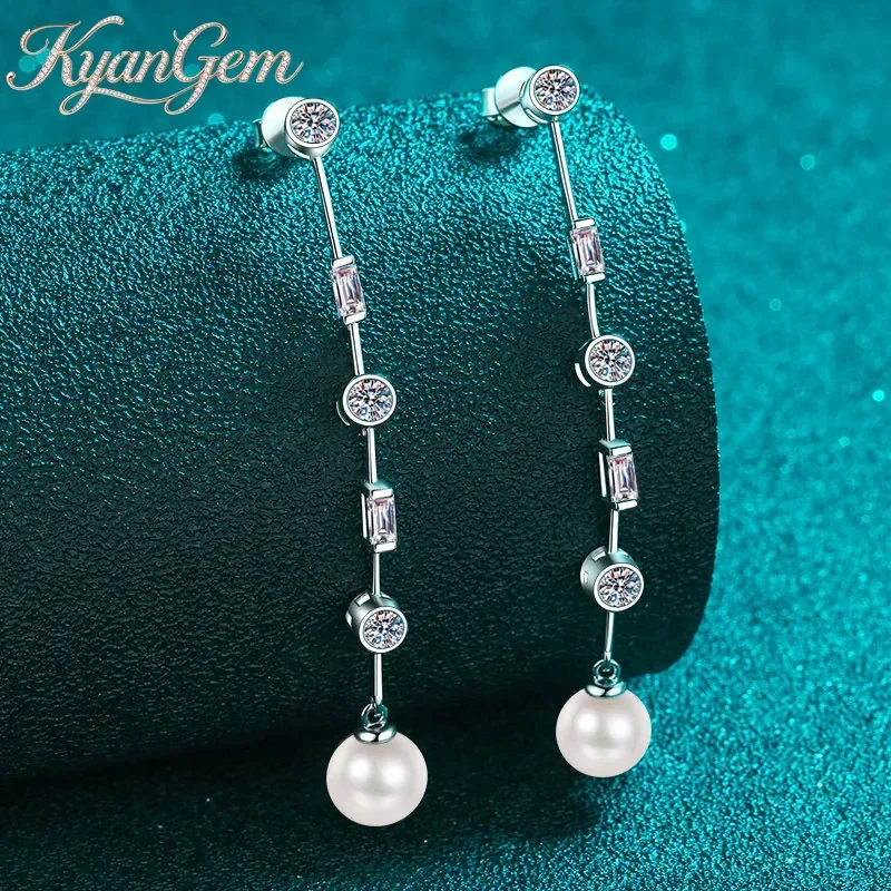 

KyanGem 18K Gold Inlaid Tassel Earrings, 1.8 carat Moissanite Freshwater Pearl Pt950 Platinum Earrings, Fashionable Jewelry