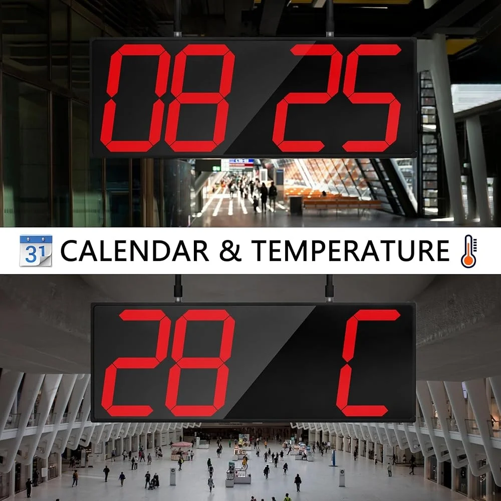 ساعة حائط LED مزدوجة الجوانب، شاشة كبيرة، مؤقت منبه، درجة حرارة التاريخ، سهلة التركيب، مثالية للمنزل والمكتب والفصول الدراسية