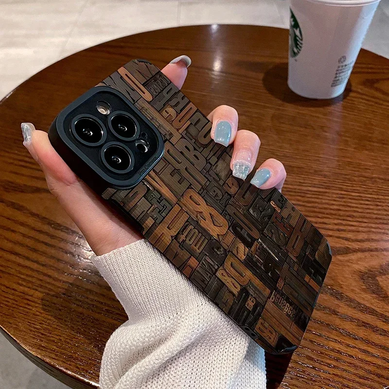 Retro Wooden Blocks Leather Phone Case For Funda iphone 15 14 12mini 11 13 Pro 15Pro 14Pro Max Cover For iphone 16 17 Air Coque