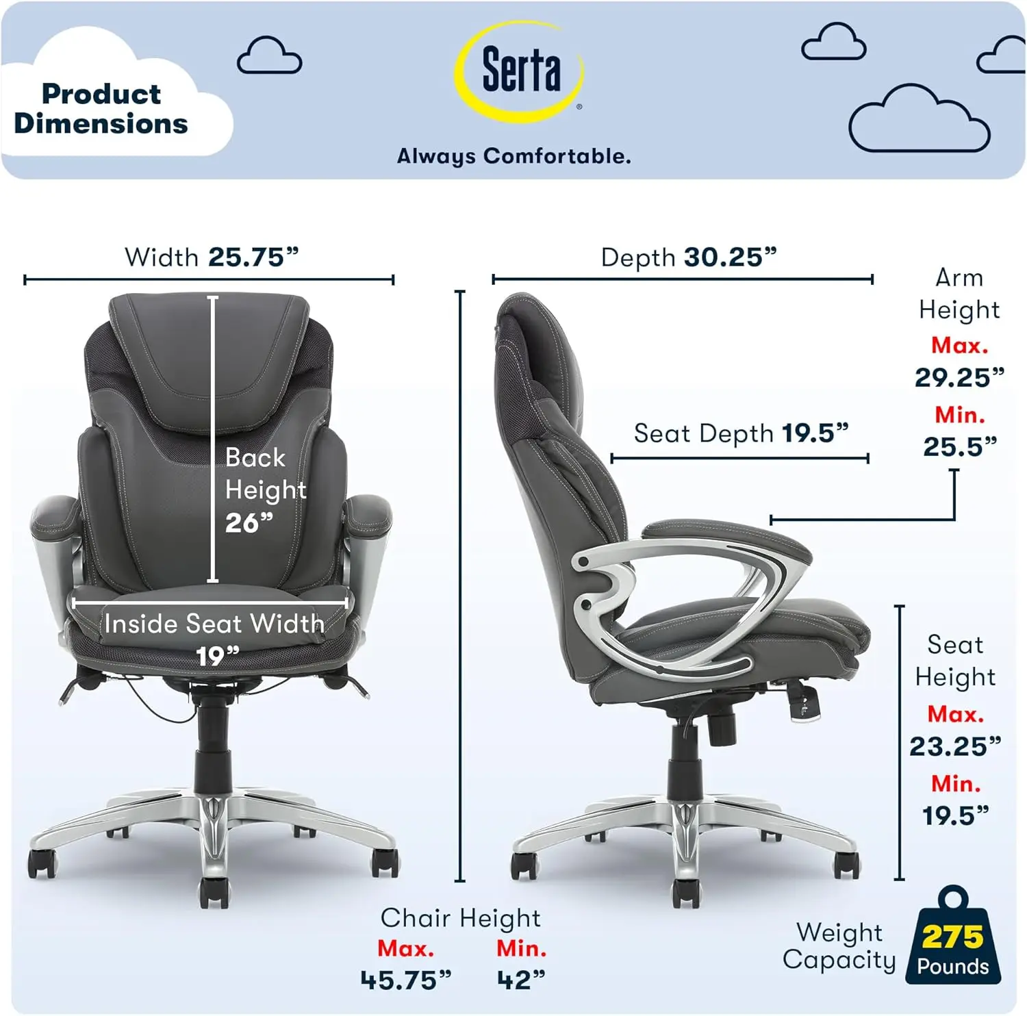 Executive Office Chair, Ergonomic Computer DeskChair with Patented AIR Lumbar Technology, Layered Body Pillows for Cushioning,