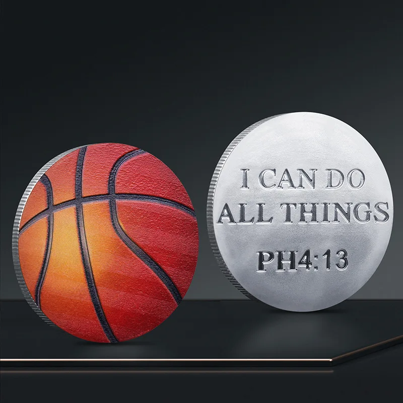 منغم "أستطيع أن أفعل كل شيء" وسام ملهمة برتقالية لكرة السلة رمز الكتاب المقدس الآية عملة رياضية مسيحية هدية قابلة للجمع #5