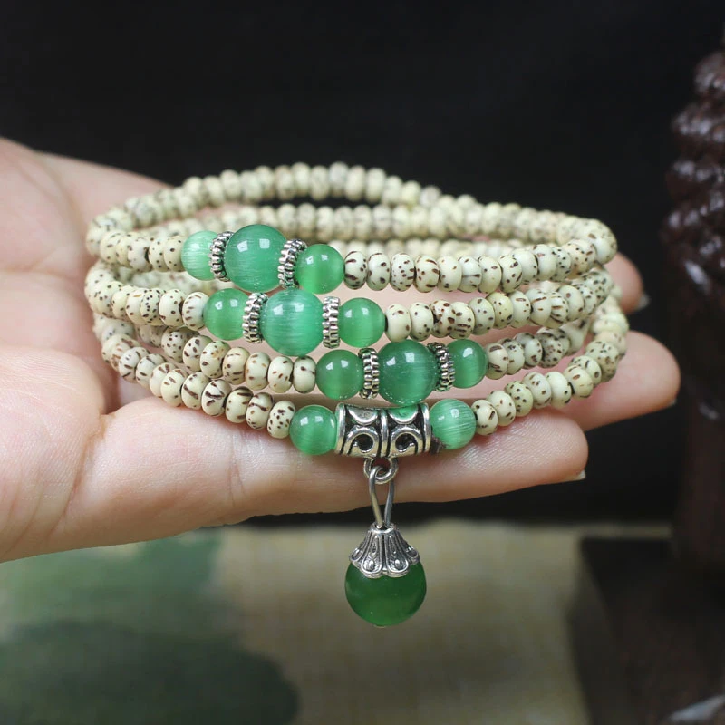 Bead Mini Multi-loop Bracelet, Star and Moon Bodhi Seed Buddhist Prayer Beads