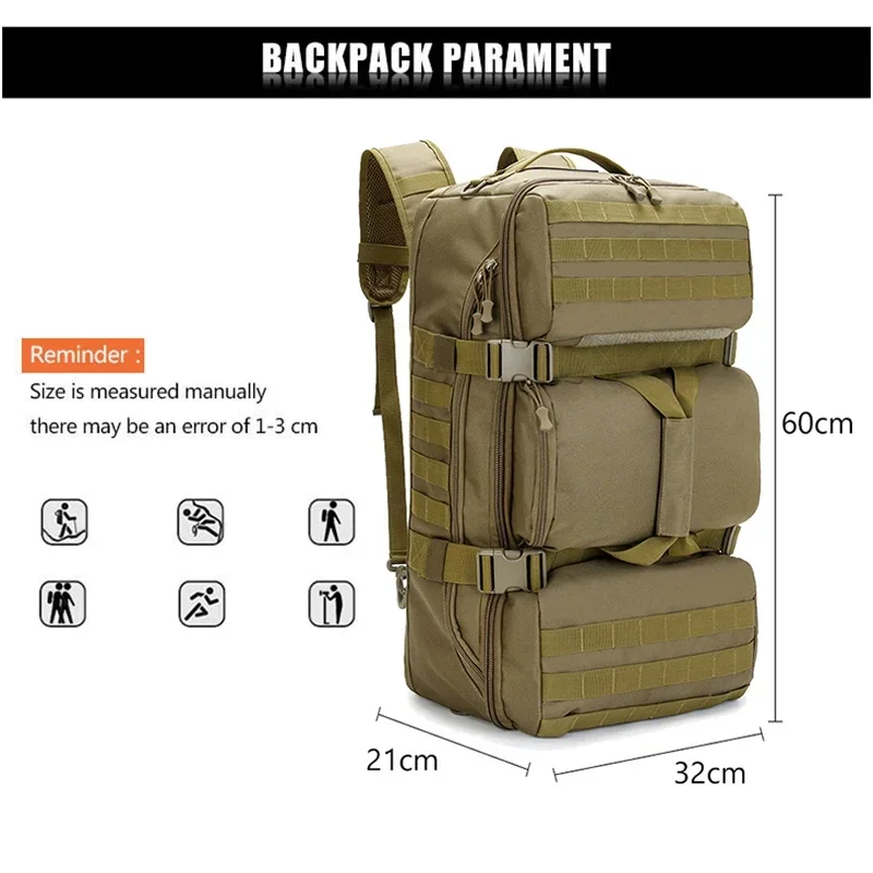65L Tactical Hunting Outdoor Shoulders Package Waterproof Nylon Backpack Trekking Climbing High Capacity Travelling Bag