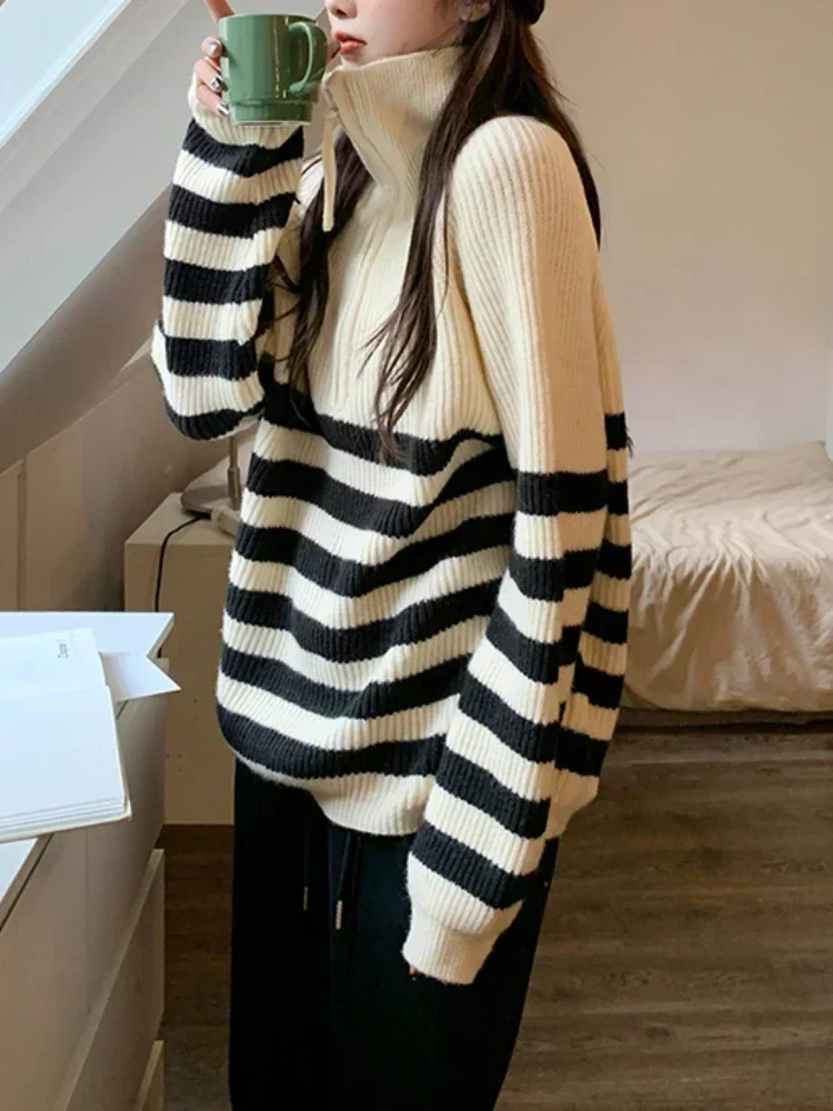 Women\'s Turtleneck Knit Zipper Sweater Woman Winter 2024 Loose Oversize Jumper Black White Stripe Korean Fashion Pullover Women