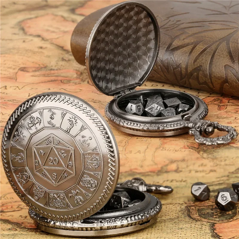 7pcs Metal Polyhedral Dice Set Bronze Pocket Watch Case with FOB Chain Entertainment Dices for Table Role Play Gaming