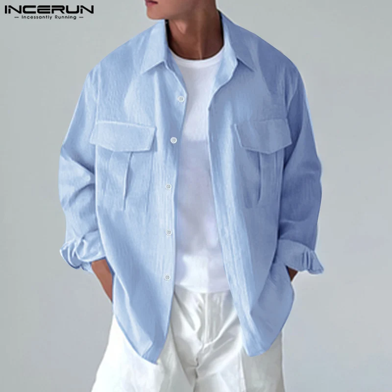 

INCERUN Men Striped Shirt Lapel Long Sleeve Loose Casual Men Clothing Streetwear Button Pockets Fashion Leisure Tops Camisas
