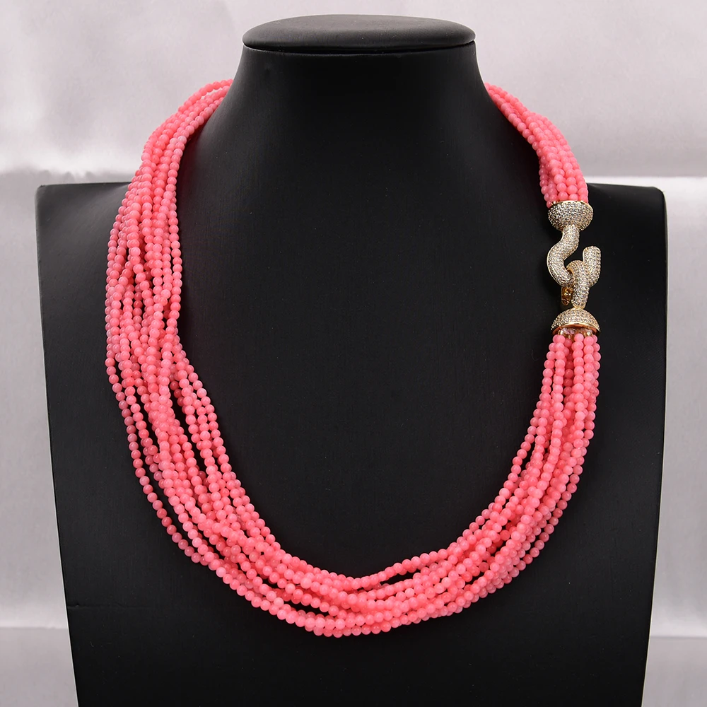 

G-G 19" 14 Rows Natural Pink Coral Smooth Round Gems Beaded Chokers Necklace Multi Strand Necklace CZ Cubic zirconia Clasp