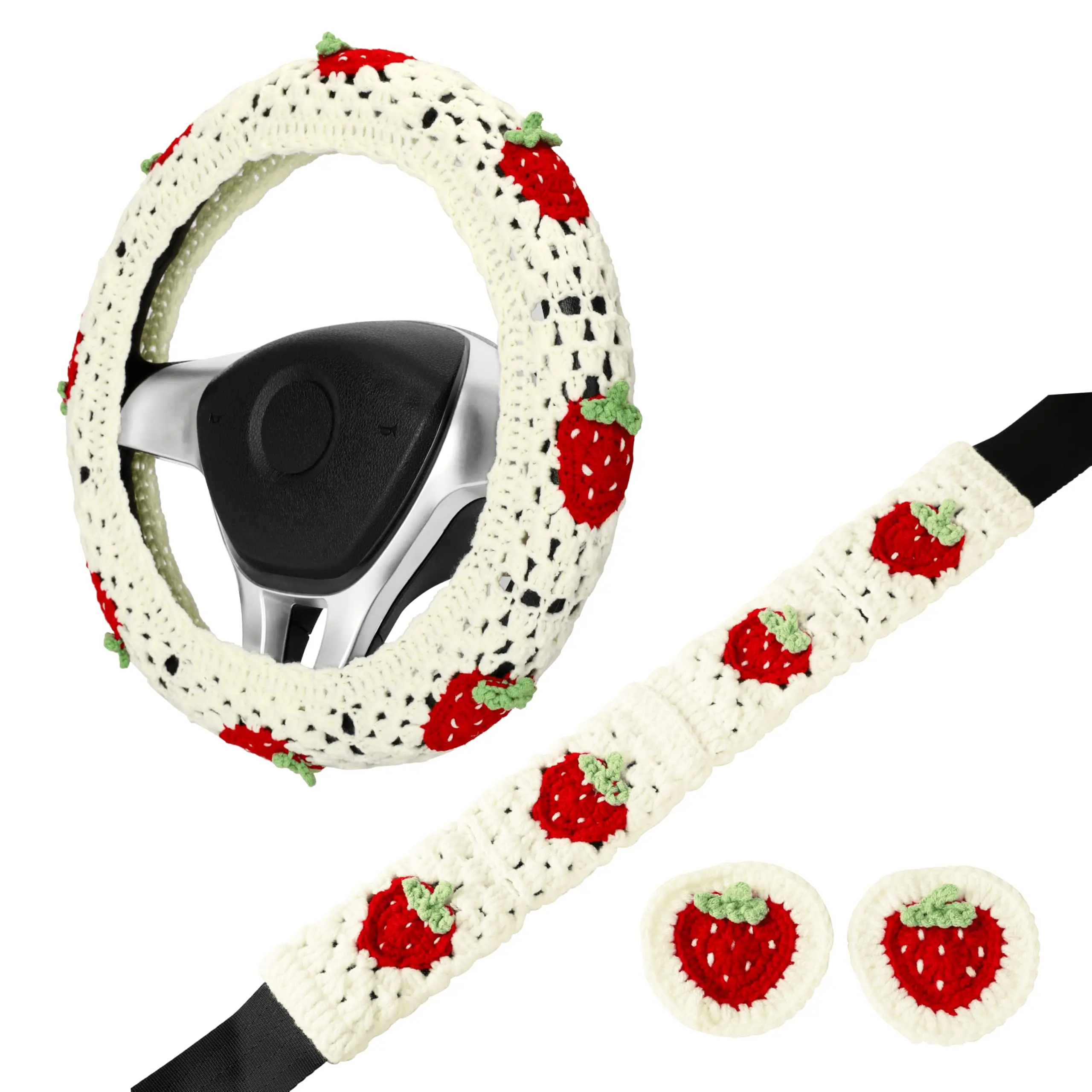 

Handmade Crochet Steering Wheel Cover And Seatbelt Pad Set With Red Strawberry Motif, Cream Base, Boho Style For 14-15 Inch