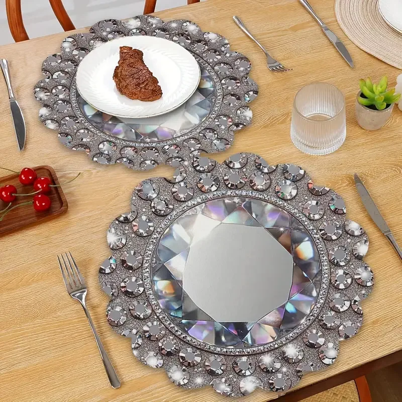 VIKAMA Luxury Silver Rhinestone Round Placemat Mirror Table Mat Waterproof Heat Resistant Plate Pad Wedding Dining Decor