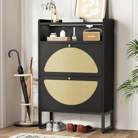 Ultra-thin rattan tipping bucket shoe cabinet, household door, ultra-narrow, with drawers, storage cabinet