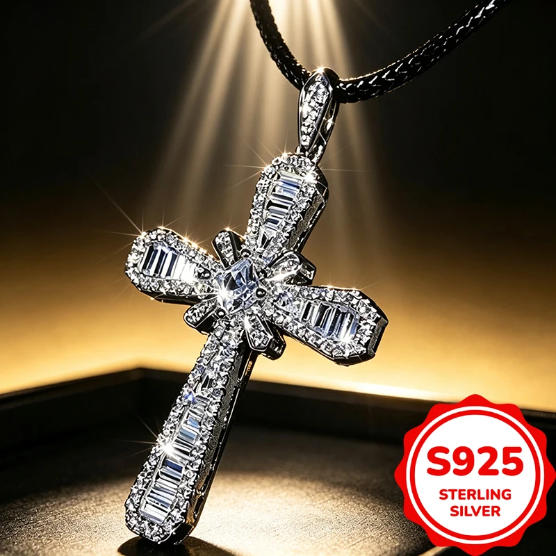 Genuine 925 Sterling Silver Cross Pendant Necklace for Men Women Sparkling Baguette Crystal Necklace Religious Jewelry Gift