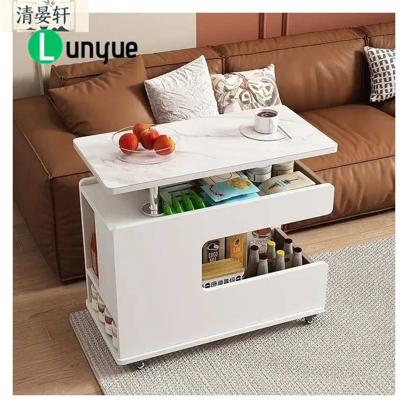 Multifunctional Lifting Side Table Mobile Solid Wood Sofa Cabinet Rotating Corner Coffee Table for Small Apartment Living