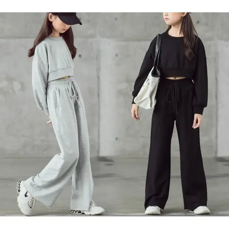 

2023 Spring Autumn Teenager Girls Clothes Suit Casual Long Sleeve Sweatshirt + Wide Leg Pants Kids Tracksuit 6 8 10 11 12 14 Yrs