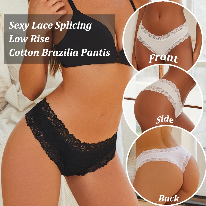 3PCS/Set Sexy Lace Seamless Cotton Brazilian Panties Women Ribbed Intimates Breathable Panties Low Waist Female Cotton Underwear