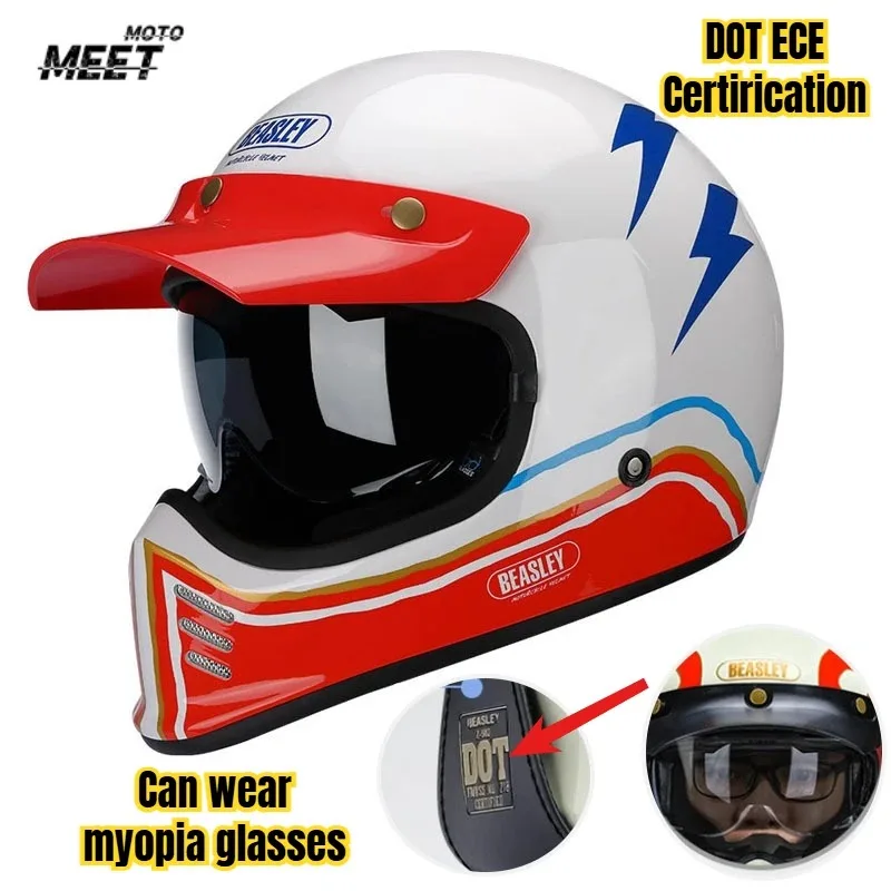 BEASLEY Motorcycle Helmet Double Lens Retro Full Helmet DOT Certification Four Seasons Helmet Men and Women Motorbike Helmets