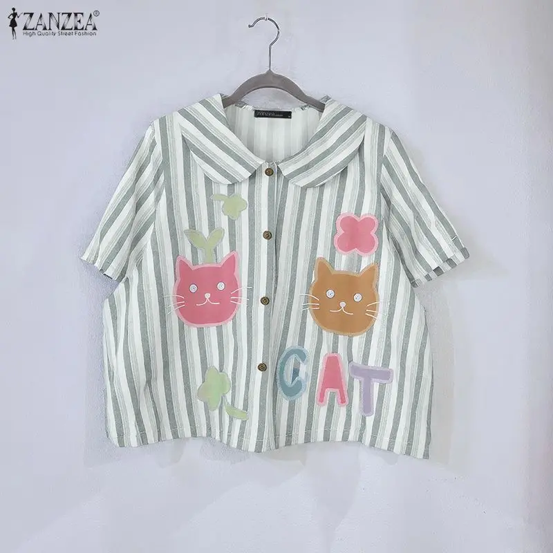 

ZANZEA Fashion Women Short Sleeve Shirts Peter Pan Collar Striped Blouse Elegant Lady Tunic Tops Summer Office Blusas Femininas