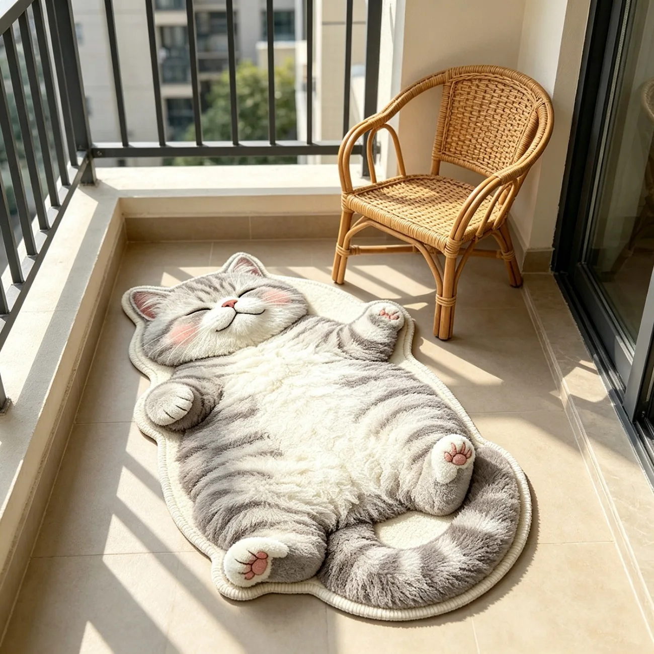 VIKAMA Flat Lying Grey Cat Shaped Irregular Rug Soft Non Slip Absorbent 2D Printed Bedroom Balcony Floor Mat Home