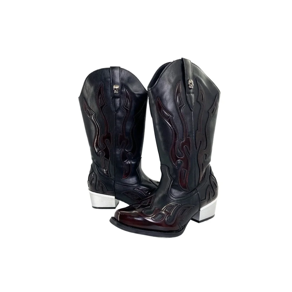 Embroidered Flame Colorblocked Knee-High Boots Men's Fashion Pointed Toe Thick-Heel Knight Boots Plus Size Western Chelsea Boots