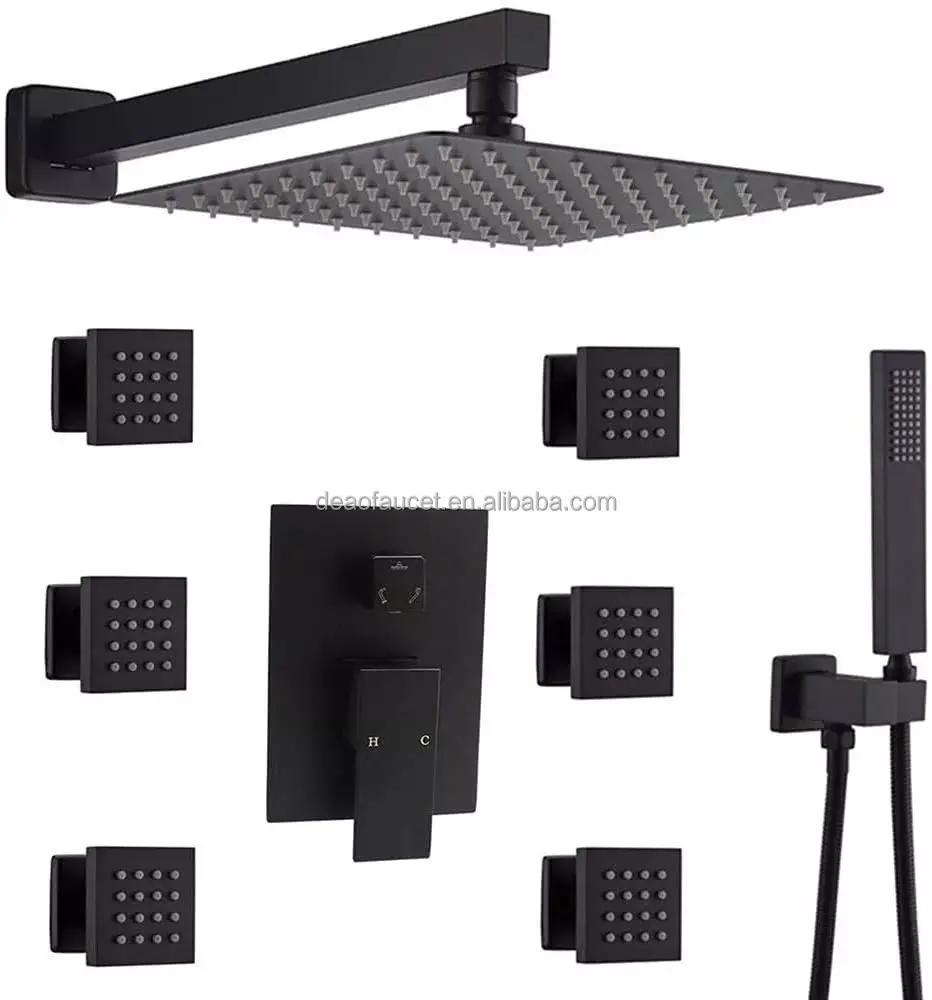 Deao Best Sale 2 Functions Square Rainfall Ceiling Shower Digital display Matte Black Bathroom Concealed Shower Set