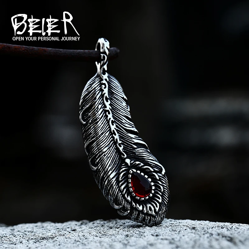 BEIER 2022 New Design Stainless Steel Feather Pendant Leaf Shaped Red Stone  Necklace Delicate Jewelry For Women Men\'s Jewelry