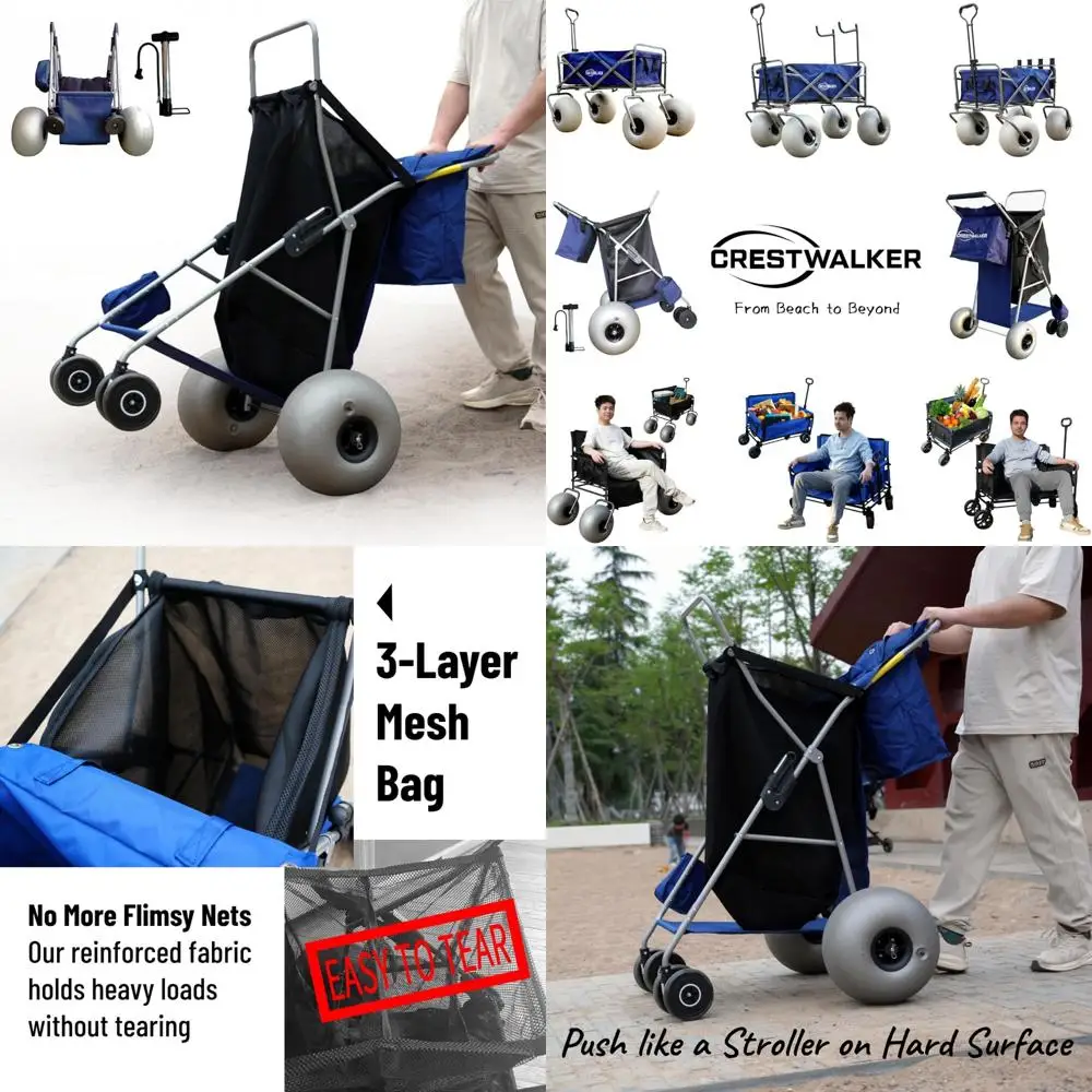 Collapsible Sand Buggy with 13-inch Balloon Wheels, Holds 4 Folding Chairs, Includes Pump, Ideal for Beach Adventures