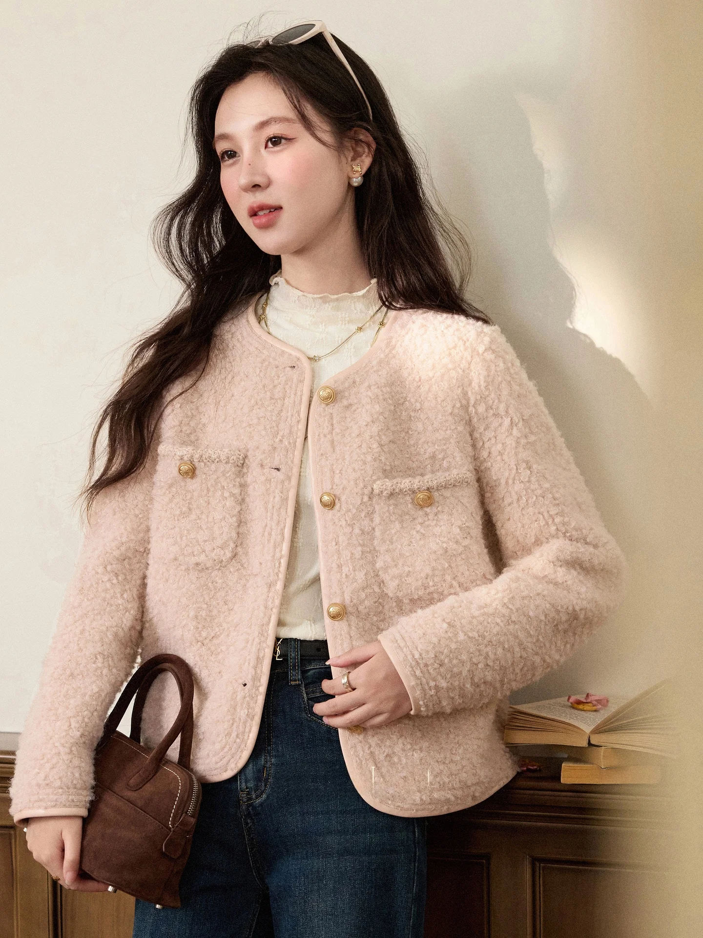 

Pink Woolen ort Coat Women's Faion Outerwear Spring Autumn New Sle Loose Fit Long Sve Versatile Ladies Jaet
