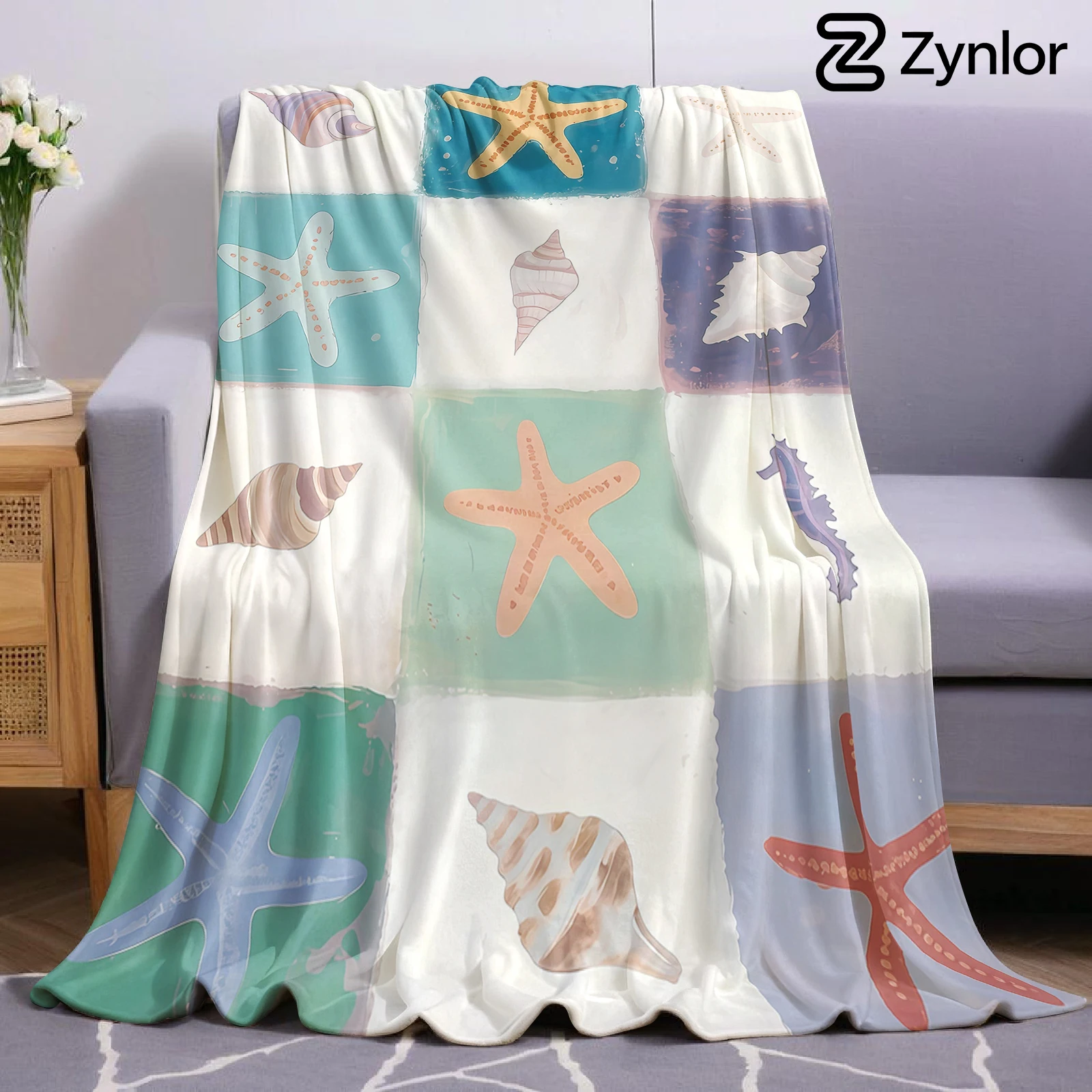 Ocean Shell Grid Cartoon Anime Print Flannel Blanket Soft Warm Throw for Kids Bedroom Sofa Bed Christmas Office Car