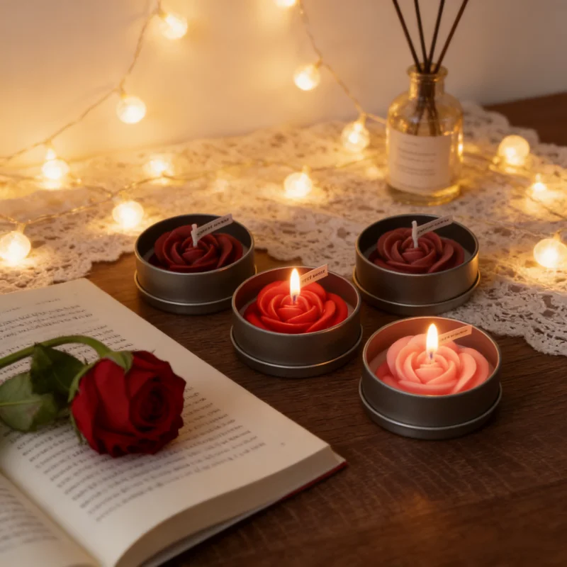 Runde Blechdose Blumen-Teelicht 3D-Rosenblüten-Designs Feiertagsgeschenke Aromatherapie-Kerzen Duftende Natürliche Soja-Kerzen für Zuhause