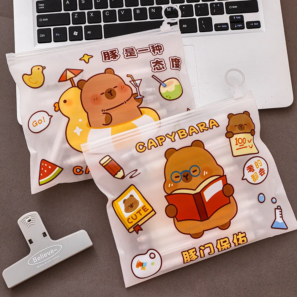 4pcs Cute Capybara File Folder Student Large-Capacity Stationery Storage Bag Transparent Waterproof Organizer Folder Documents