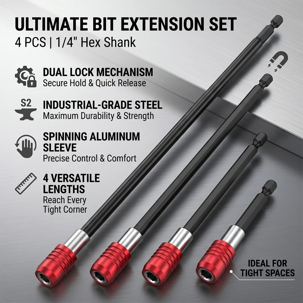 Magnetic Drill Bit Extension Set 1/4 Hex Shank Quick Release Impact Driver Extender Bar Dual Lock Screwdriver Holder 12 Inch Lon