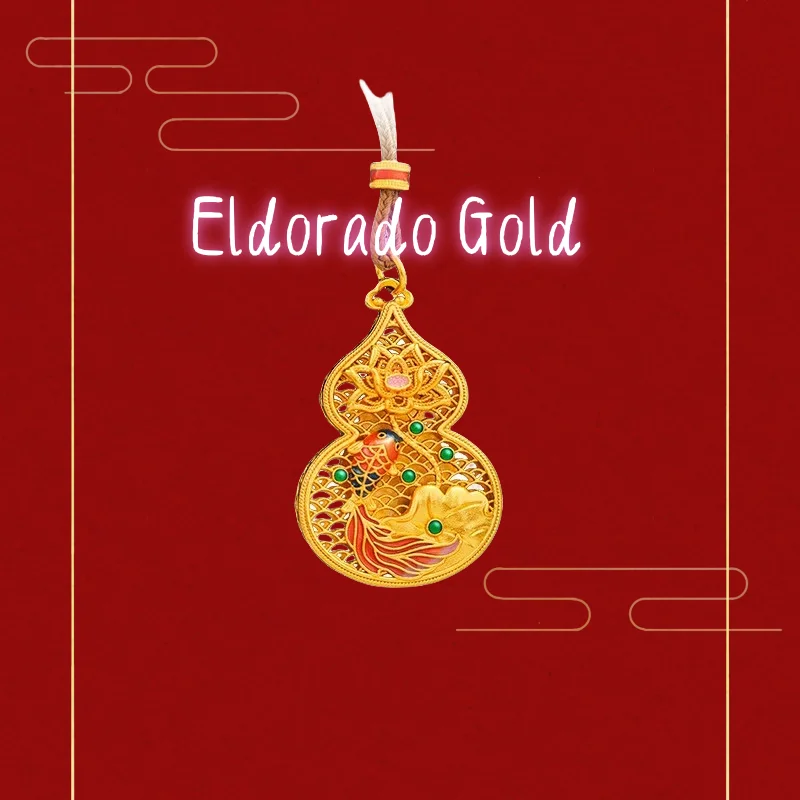

Pure gold 999 Lucky Gourd Fortune and Prosperity pendant Enamel Colorful Flower Silk Carp Lotus Gourd necklace forValentine's D