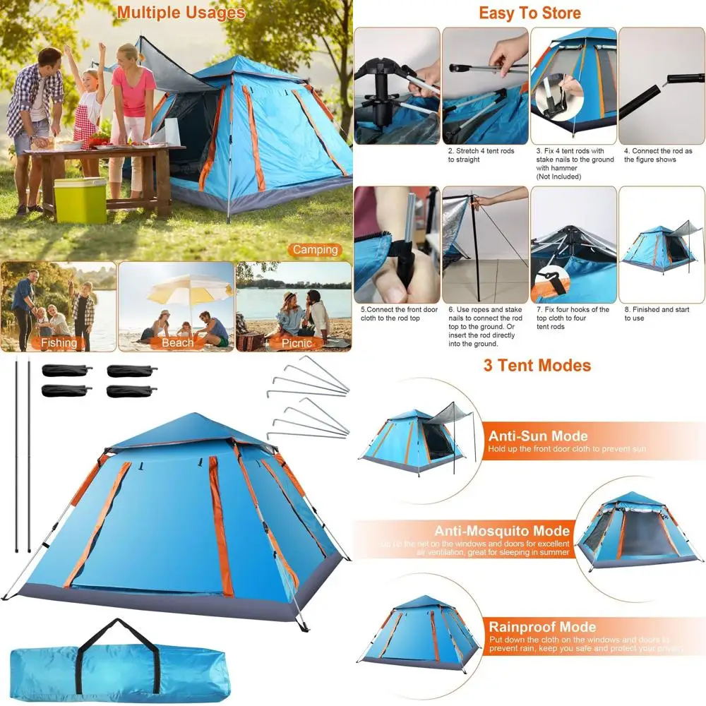 

Quick Setup 4-5 Person Camping Tent with 2 Bug Nets, Waterproof & Windproof, Ideal for Hiking, Backpacking - Blue