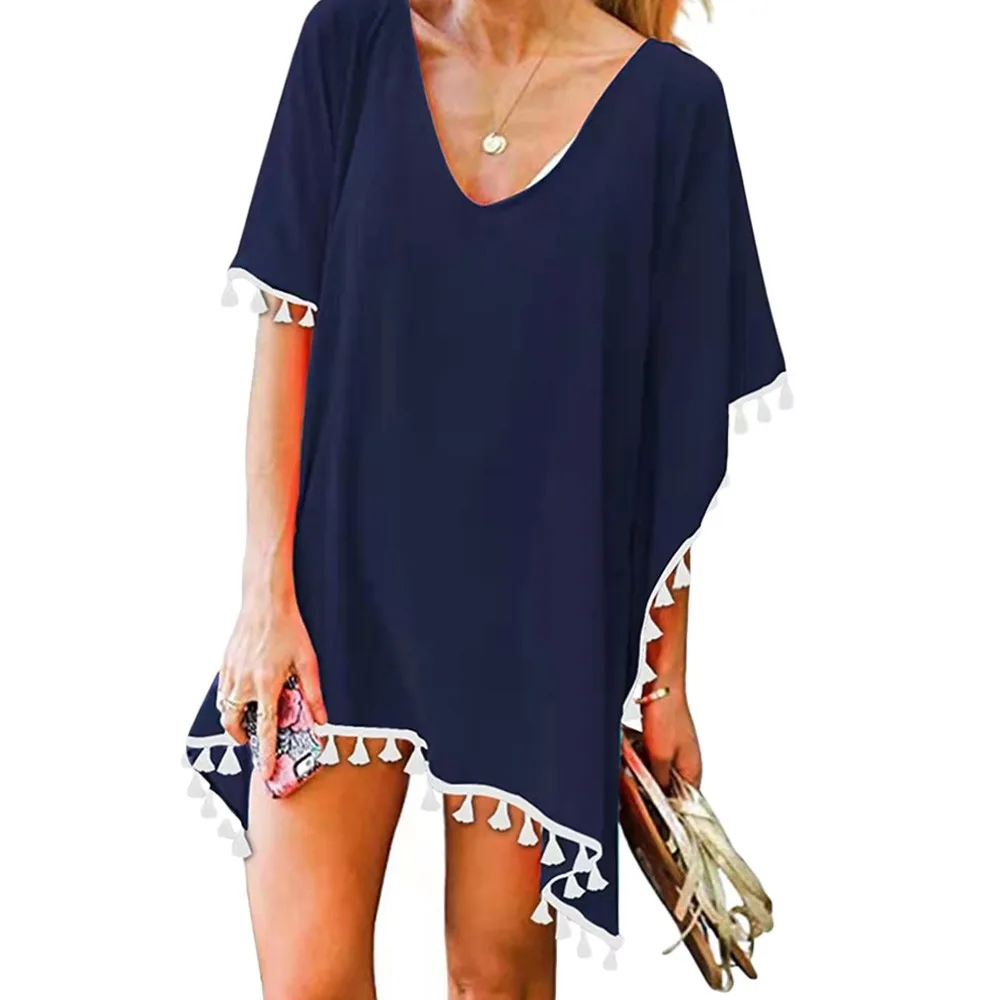 Fashion V Neck Summer Sunscreen Smock Loose Casual Beachwear Shirt Bathing Suit Plus Size Swimsuit Cover Up Dress for Women