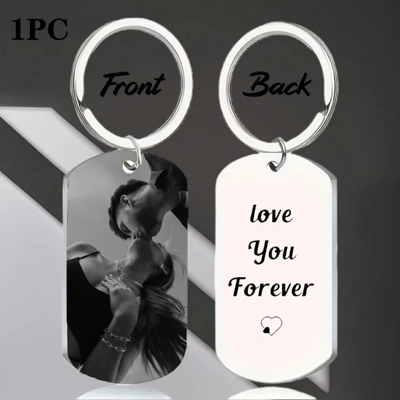 Custom Photo Keychain DIY Dog Tag Stainless Steel Double Sided Picture Keyring Couple Anniversary Memorial Jewelry For Him Her