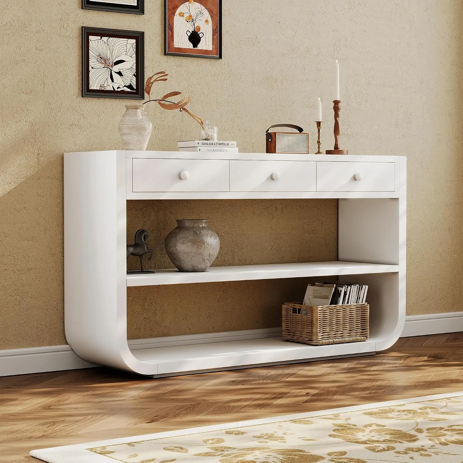 55" Curved Console Table with 3 Soft-Close Drawers & 2 Shelves,Solid Wood Base,Entryway Table for Living Room Hallway,Customized view 3