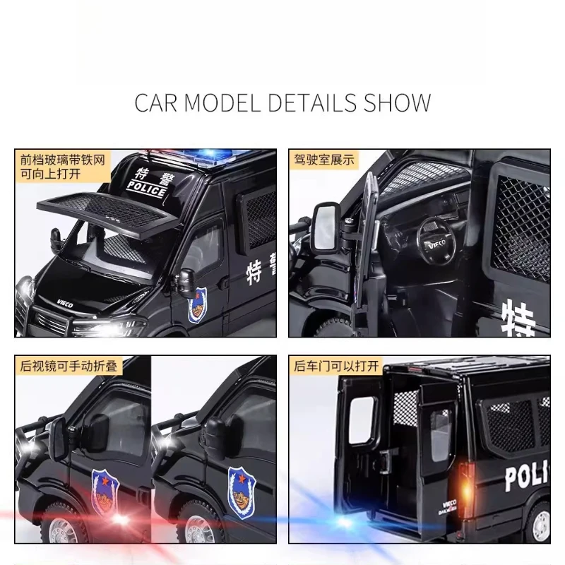 1:24 IVECO Politieauto Hoge Simulatie Diecast Metaallegering Model auto Geluid Licht Trek Collectie Kinderen Speelgoed Geschenken