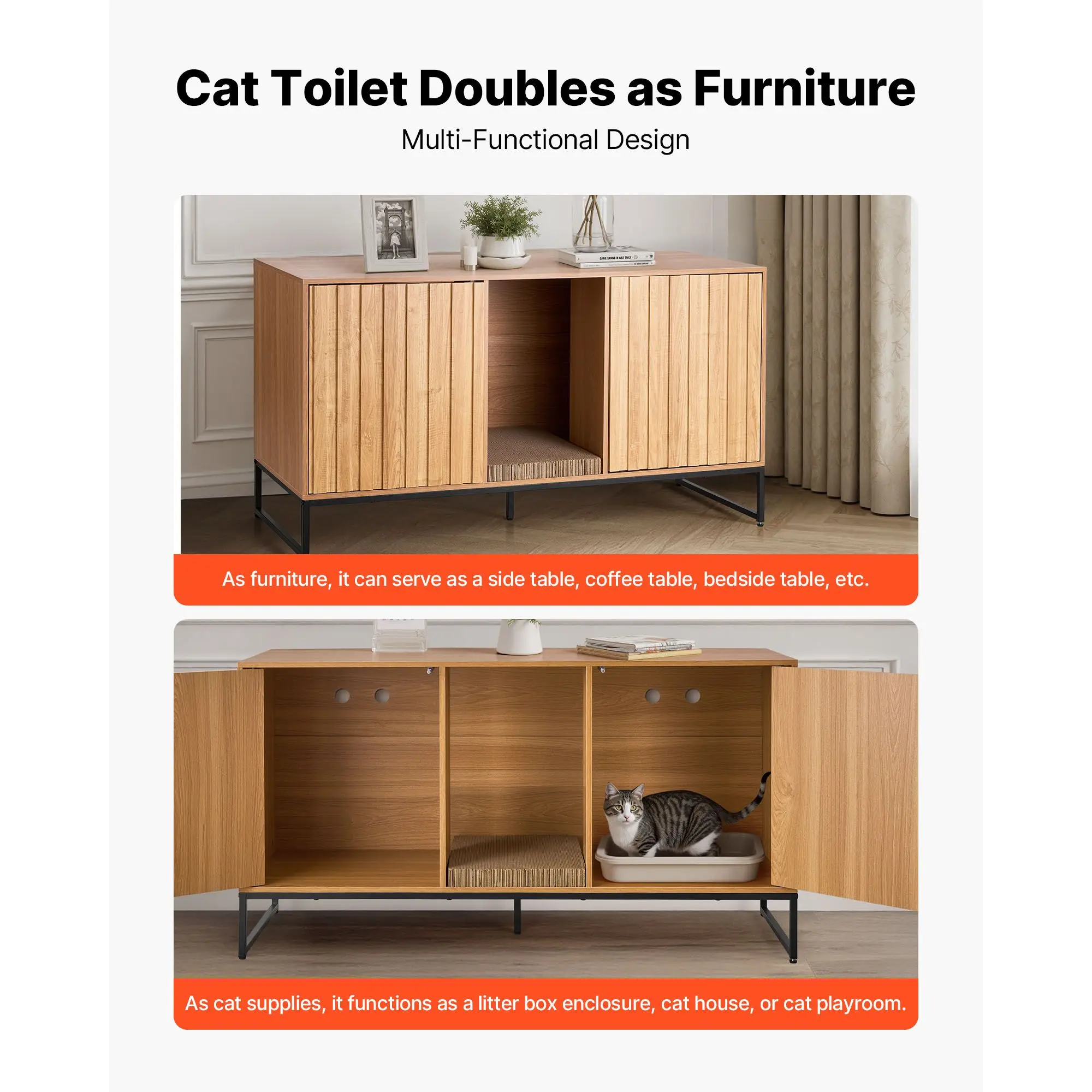 Cat Litter Box Enclosure Furniture, 47.2 in Hidden Cabinet with Scratch Pad & Storage, Waterproof Washroom End Table House, Fit