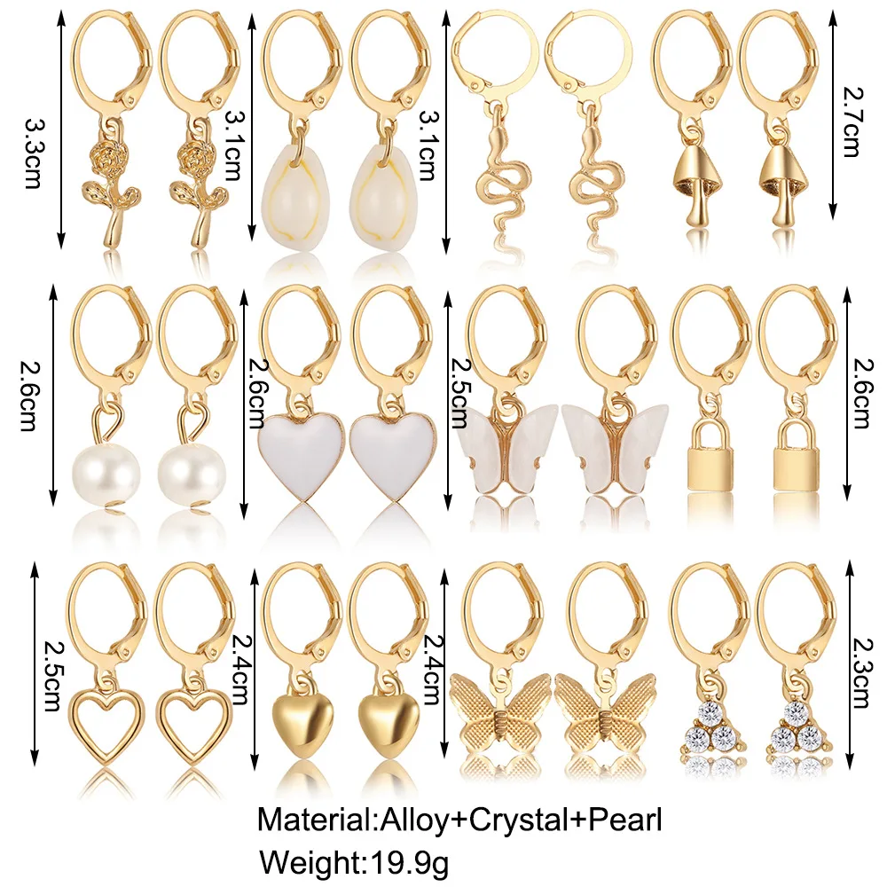 New Love Imitation Pearl Lock Snake Butterfly Mushroom Lock Ear Buckle Creative Personality Earrings Set 12 Pieces