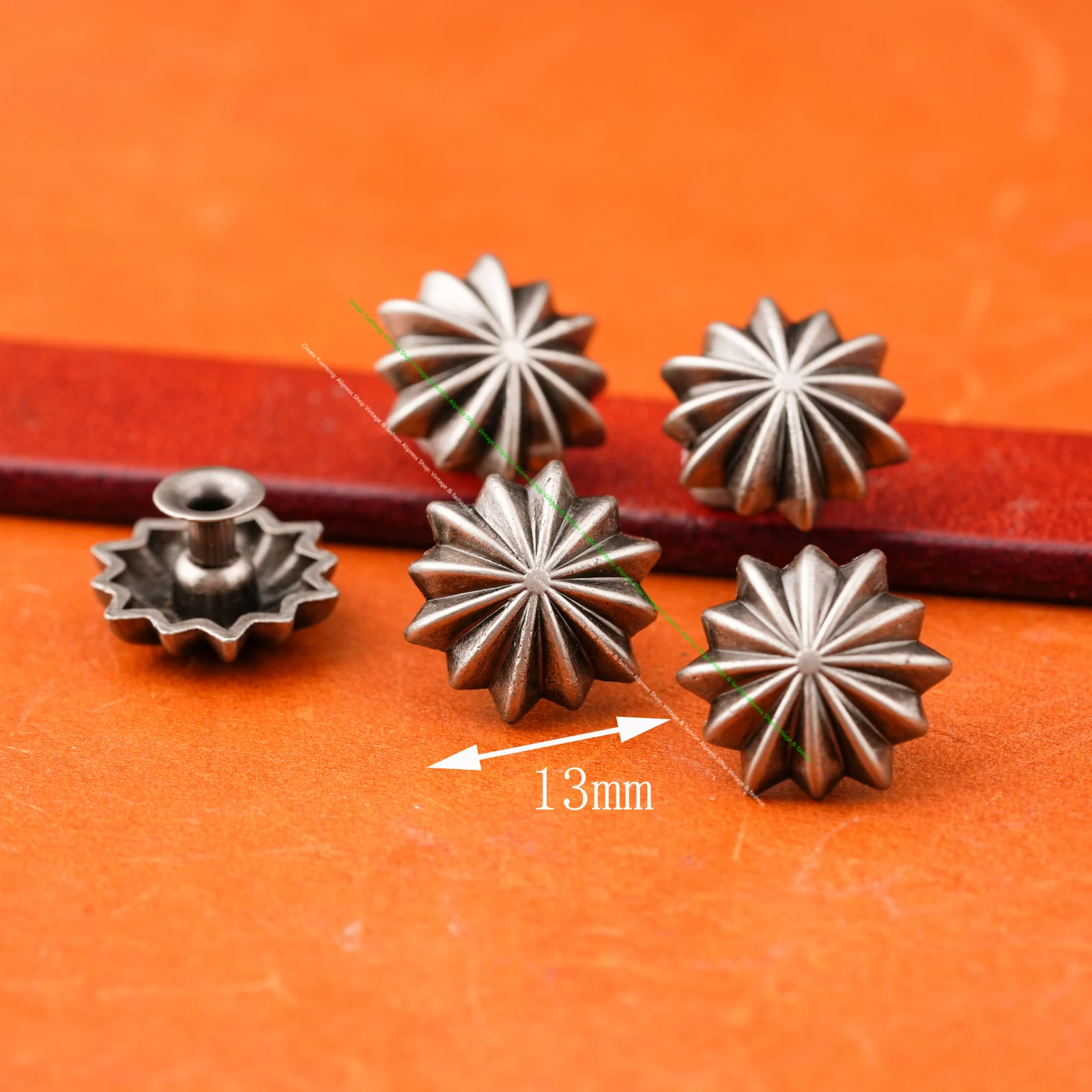 10MM 30 Stück Antik-Silber Blumen-Kürbis-Nieten Druckknöpfe Lederhandwerk Taschen Gürtel Jeans Deko Conchos – Detail 5