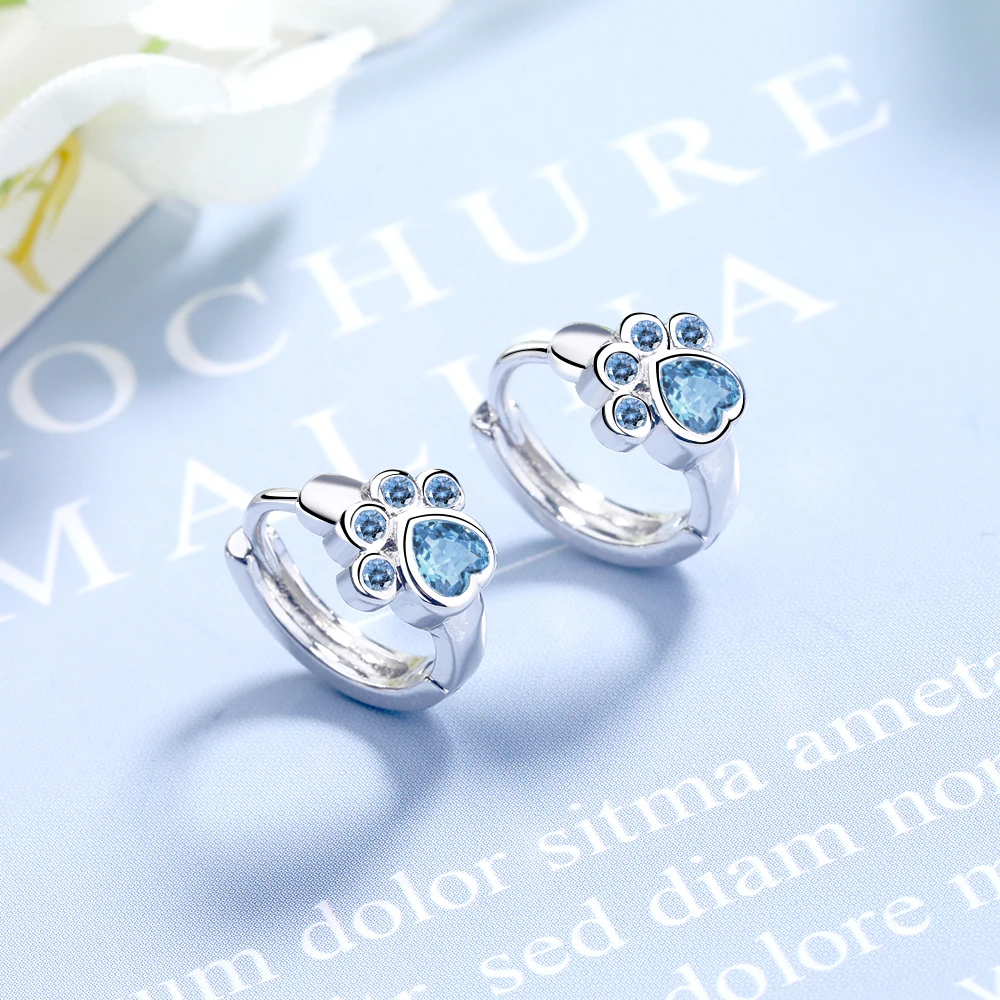 Proste śliczne 925 Sterling SIlver Animal Cat Paw Mark Blue Mosaic Zircon Crystal Earrings For Women Promise Wedding Band Jewelry