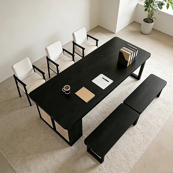 Black solid wood large board table, living room tea table, desk dual-purpose hollow design, oversized desktop