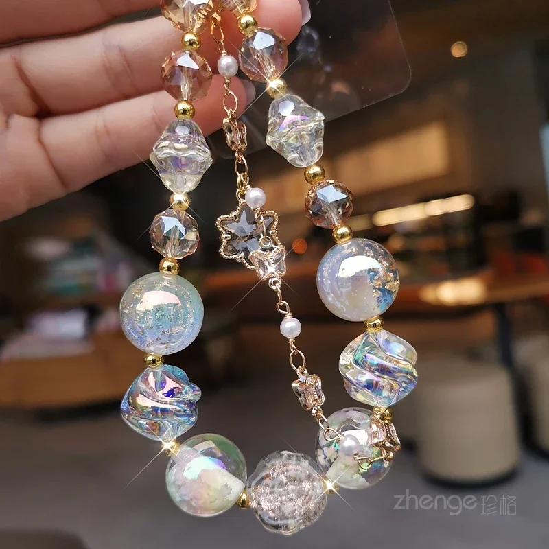 Mobile Phone Lanyard Dream Starry Crystal Bead Bracelet Pendant Short Clip-on Mobile Phone Case Universal Rope Phone Charm