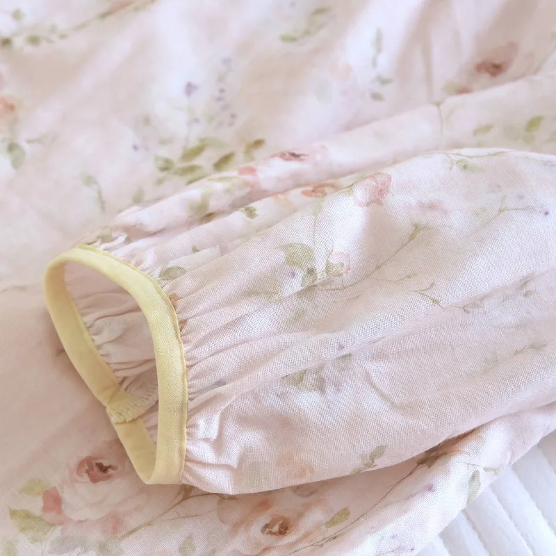 2026 New Spring/Summer Women's Sleeping Skirt 100% Cotton Gauze Long Sleeve Flower Thin Loose Sweet Soft Home Long Dress - view 5