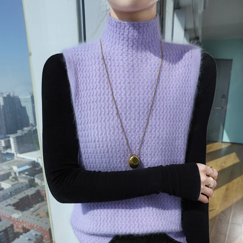 Style académique 100% vison cachemire gilet pull pull col montant sans manches tricots basique élégant femme vêtements hauts